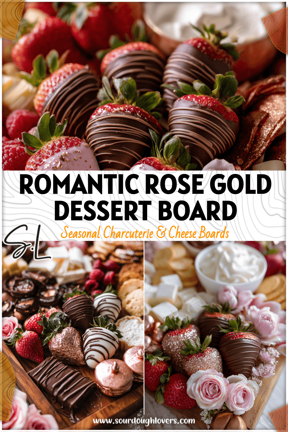 A Rose Gold Charcuterie Board featuring chocolate covered strawberries and assorted sweet treats for Valentine’s Day.